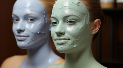 Two female models smiling with green and blue face masks. Skin care.