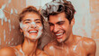 Playful couple sharing a fun and bubbly shower together.
