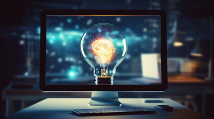 Poster - Idea concept represented by desktop computer with bulb hologram 