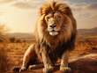 image of dangerous powerful lion with fluffy mane looking away in savanna 