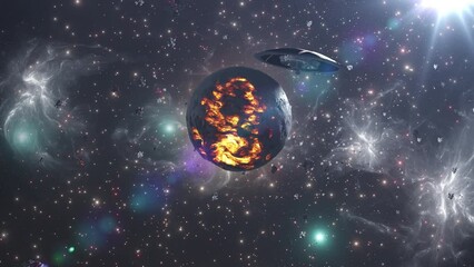 Wall Mural - large alien spaceship above dying planet 3d rendering of alien world concept, 4k, 2022