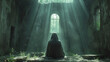 A soulful image of a nun engrossed in prayer within the simplicity of a convent cell, with a single shaft of light illuminating her bowed figure, conveying the profound connection