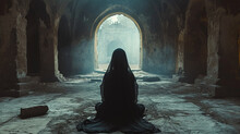 A Visually Stunning Portrayal Of A Nun Immersed In The Act Of Prayer, Set Against The Backdrop Of A Monastery's Ancient Courtyard, Where Aged Stone Walls And Archways Echo The Time