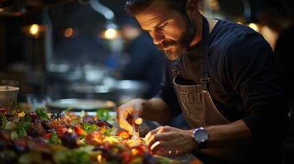 Focused male chef carefully preparing a delicious meal in a commercial kitchen