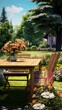 © Henryzoom - Table with chairs in the summer garden of a country house, summer vacation, flower bushes and green lawn