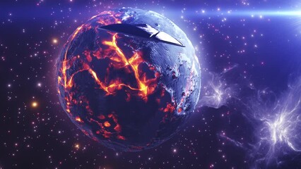 Wall Mural - ufo saucer flying close to dead alien planet 3d rendering of alien world concept, 4k, 2024