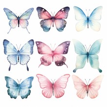 The Image Features A Collection Of Nine Colorful Butterflies In Blue, Pink, And Purple Tones. They Are Arranged In Three Rows Of Three Butterflies Each, With A White Background.