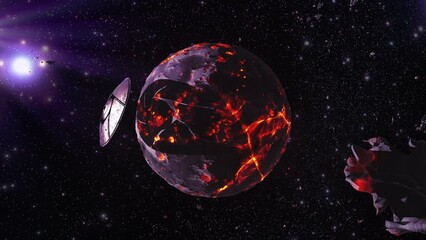 Wall Mural - ufo saucer hovering close to dead alien planet 3d rendering of alien world concept, 4k, 2024