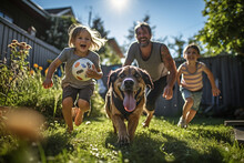 A family of diverse backgrounds, including parents and children, enjoys a lively game of soccer with their energetic Boxer dog in a sunlit backyard, showcasing the spirited play of