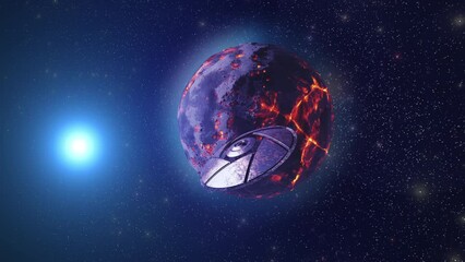 Wall Mural - flying saucer ufo near dead planet 3d rendering of alien world concept, 4k, 2024