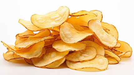 Wall Mural - Crunchy potato chips isolated on white background with ample copy space for text or design