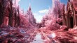 Pink alien city with reflective ground and blue sky