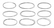 Hand drawn ellipses set. Doodle drawing ovals and bubbles elements with space for text. Collection of different frame in black brush stroke isolated on white background. Various ellipse element.Vector