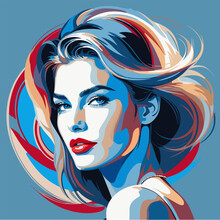 Portrait Of A Girl With A Mysterious Look. Isolated Vector Illustration In Blue-yellow-red Colors. Stylized Image Of A Woman With Wavy Hair.