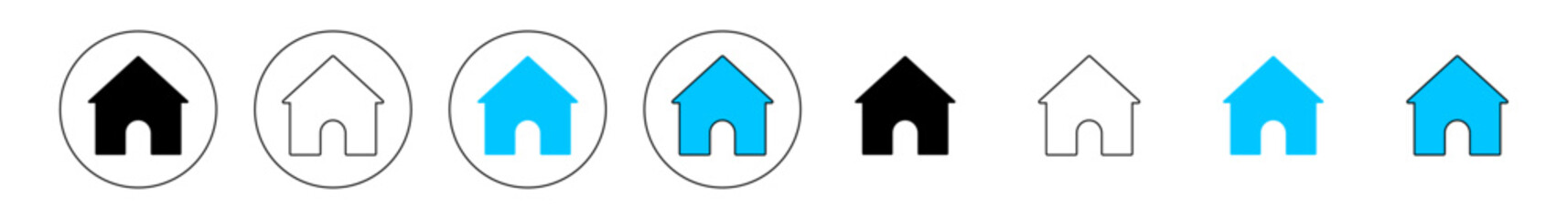 Home flat icon set in circle with different styles. Web home icon for apps. House icon in circle or Main page icon in filled, thin line, outline and stroke style for visiting card - Vector Icon 
