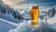 deliciosa e gelada caneca de cerveja sobre o gelo, montanhas geladas ao fundo com neve