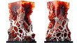 Red-orange monuments made of transparent material overgrown with coral.
