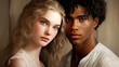© leesle - Portrait of a young beautiful interracial couple. Mixed race relations. A beautiful girl with white skin and an attractive guy with dark skin are hugging.