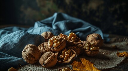 Wall Mural - Nurturing Nature's Treasures: A Cluster of Walnuts Among the Leaves - AI Generative