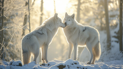  A couple of white wolf kissing in the snowy forest at sunset. Beautiful winter landscape.