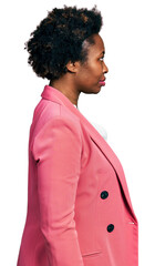 Poster - African american woman with afro hair wearing business jacket looking to side, relax profile pose with natural face and confident smile.