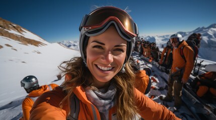 Wall Mural - Happy female skier on the top of the mountain with her friends