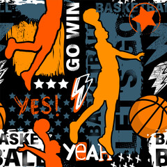 Aufkleber - Abstract seamless grunge pattern for guys. Urban style modern background with basketball player. Sport style creative wallpaper