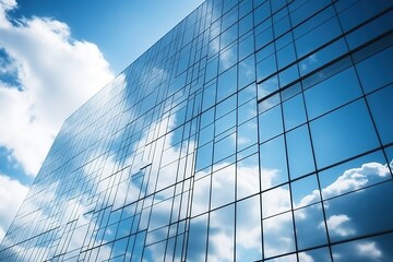 Blue glass skyscraper reflecting the sky