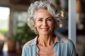 portrait of a smiling older woman with gray hair