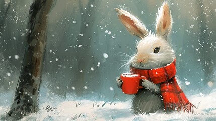 Wall Mural - illustration of a rabbit holding a cup in winter snow oil paiting art 