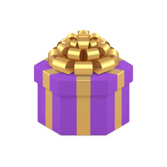 Wall Mural - Purple luxury wrapped gift box with golden bow ribbon for holiday surprise 3d icon realistic vector