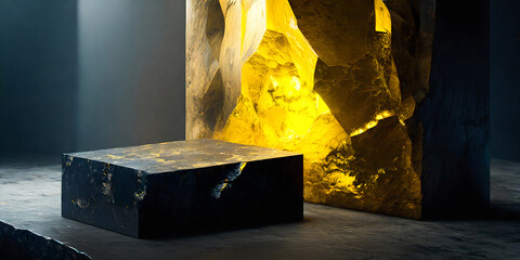 3D Stone podium Natural black square shaped and yellow light in the cave for display. Natural Background for jewelry products, mysterious, ornament, Banner, Website, Promotion, identity, 3d rendering