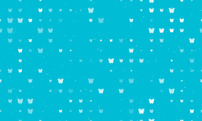 Poster - Seamless background pattern of evenly spaced white butterfly symbols of different sizes and opacity. Vector illustration on cyan background with stars