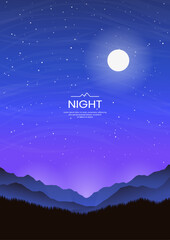 Wall Mural - night landscape. starry sky and full moon. dark silhouettes of mountains and forests. vector illustr