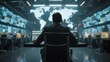 Businessman overlooking global operations in high-tech control room