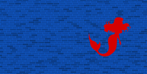 Wall Mural - Blue Brick Wall with large red mermaid symbol. The symbol is located on the right, on the left there is empty space for your content. Vector illustration on blue background