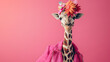 A majestic giraffe stands tall in a pink jacket, adorned with delicate flowers, showcasing its graceful neck and head