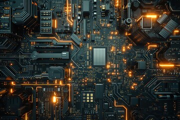 Electronic circuit board, computer motherboard with gold backlight. Futuristic design, advanced technologies. Generative AI