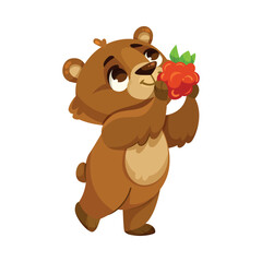 Wall Mural - Funny Bear Cub with Cute Snout Hold Raspberry Vector Illustration