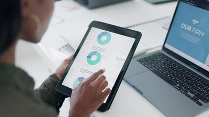 Aufkleber - Hands, tablet and woman with seo, screen and monitor progress with chart, strategy and data analysis. Person, scroll and digital touchscreen ux for graph, information and innovation with tech at desk