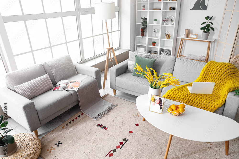 Interior of bright living room with cozy sofas near big window
