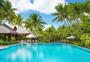 Tropical vacations. Luxury resort with gorgeous swimming pool. Mauritius island
