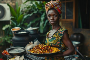 African woman with tray of African food