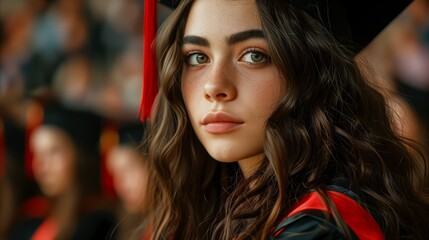 Confident young woman in graduation cap and gown portrait