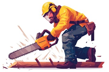 Illustration cartoon style of man and a chainsaw. a lumberjack with a chainsaw working to saw wood