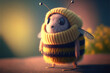 A cute bee wearing a sweater and scarf to keep warm. 