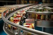 Canned food factory, cans with their contents move on a conveyor belt for labeling and marking