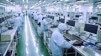 Wall Mural - Foxconn factory production line workers assembling electronic components