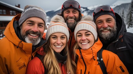 Wall Mural - Group of friends on a snowy mountain