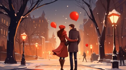 Wall Mural - Cute cuple at christmas street. valentine love woman and man winter png like style